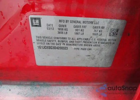 2013 Chevrolet Sonic Lt Auto из США, поврежденный, VIN 1G1JC6SG3D4200323